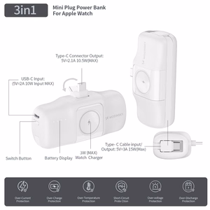 Wozinsky WF16-YCS 5000mAh 15W USB-C Mini Power Bank, jossa on sisäänrakennettu USB-C-kaapeli ja Apple Watch -laturi - Valkoinen
