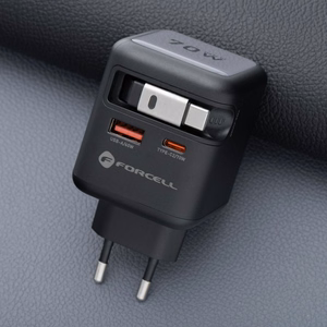 Puhelinlaturi Forcell F-Energy GaN USB C + USB A + sisäänvedettävä USB C PD QC4.0 3A 70W VT-R7 kaapeli harmaa