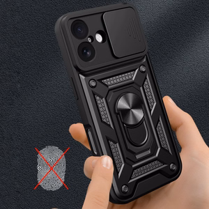 Hybrid Armor Camshield Suojakuori jalustalla ja kameran suojuksella iPhone 17:lle - musta
