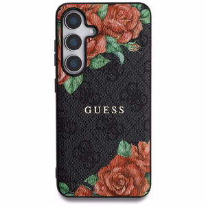 Guess Nahkainen 4G Flowers Print Metal Classic Logo MagSafe Suojakuori Samsung Galaxy S25:lle - musta