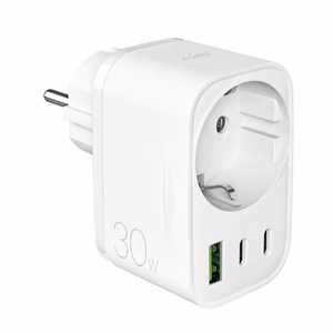Puro 30W Power Delivery -laturi Schuko-pistokkeella ja -pistorasialla 2x USB-C + 1x USB-A - valkoinen