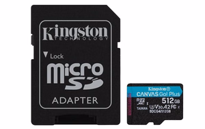Kingston memory card 512GB microSDXC Canvas Go Plus Gen4 200MB/s A2 U3 V30 + adapter