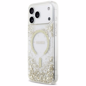 Guess Resin Bottom Glitter MagSafe suojakuori malleille iPhone 18 Pro Max / 17 Pro Max, kultainen