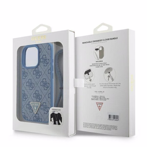 Guess nahkainen Metal Logo Strass Crossbody Suojakuori iPhone 16 Pro Max:lle - sininen