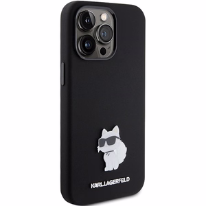 Karl Lagerfeld Silikoninen Choupette Metal Pin Suojakuori iPhone 15 Prolle - musta