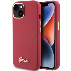 Guess Silikoninen Script Metal Logo & Frame Suojakuori iPhone 15:lle - punainen