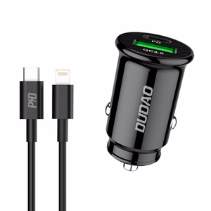 Autolaturi Dudao R3PRO musta (1xUSB / 1xUSB-C / 18W) + Type-C / Lightning kaapeli