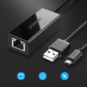 Ugreen 30985 ulkoinen verkkokortti Chromecastille, micro USB / USB-A -liittimillä, 100 Mb/s, 1 m, musta