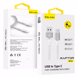 Blavec Cable Raptor braided - USB to Type C - 3A 0.5 metres Apple CarPlay/Android Auto (CRA-UC3WS05) white-silver