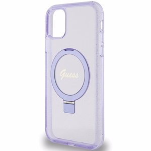 Guess Ring Stand Script Glitter MagSafe suojakuori iPhone 11 / Xr:lle - violetti