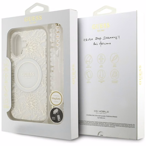 Guess IML Flowers Electro Pearl Strap MagSafe suojakuori iPhone 17 - valkoinen