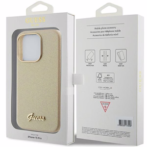 Guess Glitter Glossy Script suojakuori iPhone 15 Pro:lle - kultainen