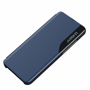 Eco Leather View Case, tyylikäs suojakuori läpällä ja jalustalla iPhone 16e / 17e:lle - sininen