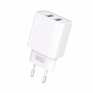 XO seinälaturi CE02C 2x USB 2,1A, valkoinen + microUSB-kaapeli
