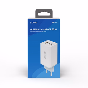 SAVIO LA-07 GaN 65 W verkkolaturi, USB, QC4.0+, PD 3.0, valkoinen