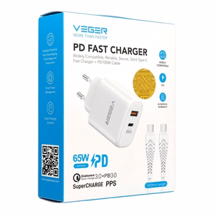 VEGER-puhelimen laturi, USB-A + Type-C, PD, QC3.0, 3,25 A, 65 W + USB-C–USB-C-kaapeli TR67, valkoinen