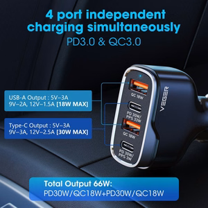 Auton laturi VEGER 2 x USB A + 2 x Typ C PD QC 3A 66W CC53-2A2C musta