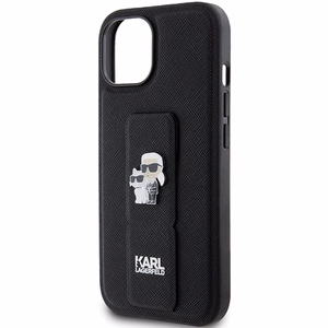 Karl Lagerfeld Gripstand Saffiano Karl&Choupette Pins Suojakuori iPhone 15:lle - musta