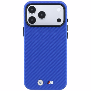 BMW suojakuori laitteelle iPhone 18 Pro / 17 Pro: (Carbon Metal Logo), MagSafe-yhteensopiva, väri: sininen