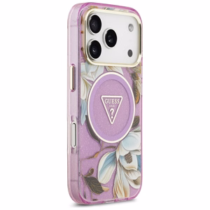 Guess IML Glitter Flowers Triangle MagSafe suojakuori mallille iPhone 17 Pro / 18 Pro – violetti