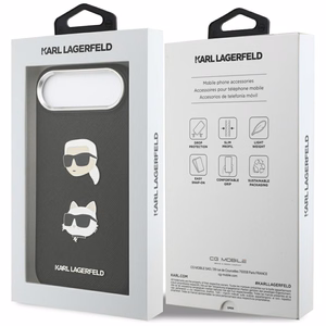 Karl Lagerfeld FW Grained Karl & Choupette Heads Pins & Logo suojakuori iPhone Air:lle musta
