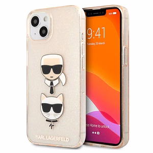 Karl Lagerfeld Glitter Karl & Choupette Head suojakuori laitteelle iPhone 13 mini, kullanvärinen