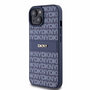 DKNY Nahkainen Mono Raita ja Metallinen Logo Suojakuori iPhone 15 / 14 / 13:lle - sininen