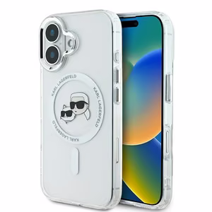 Karl Lagerfeld IML Metal Karl ja Choupette Head MagSafe Suojakuori iPhone 16:lle - Valkoinen