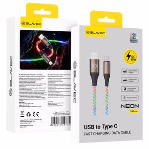 Blavec Neon Kaapeli - USB Type C:lle - QC 3.0 60W 3A 1 metri Apple CarPlay/Android Auto (CNE-UC3L1) hohtava RGB