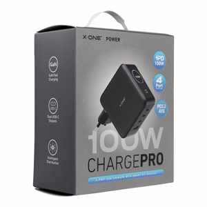 Matkalaturi X-ONE ChargeGo GaN LCD-näytöllä, 100W, 2x USB C – musta