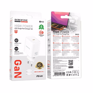 Borofone verkkolaturi BN33 Fuente GaN Type C - QC3.0 PD 40W ja Type C - Type C -kaapeli valkoinen
