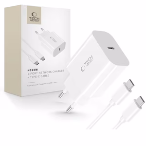 Tech-Protect NC20W PD20W USB-C seinälaturi USB-C kaapelilla - Valkoinen