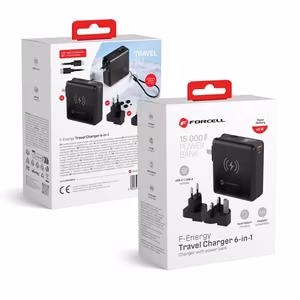 Monitoiminen laturi Forcell F-Energy 6in1 USB A + USB C PD 45W + varavirtalähde 15000 mAh + langaton lataus 15W musta