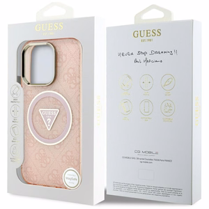 Guess IML Metal Glitter 4G Circle Triangle MagSafe Suojakuori iPhone 16 Pro:lle - Vaaleanpunainen