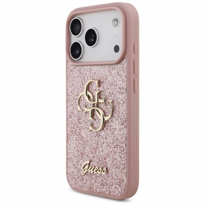 Guess PU Fixed Glitter 4G Metal Logo -kuori Apple iPhone 18 Pro -puhelimelle, vaaleanpunainen