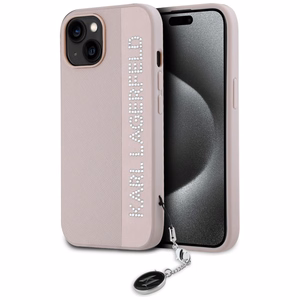 Karl Lagerfeld Saffiano Rhinestones & Charm Suojakuori iPhone 15 / 14 / 13:lle - vaaleanpunainen