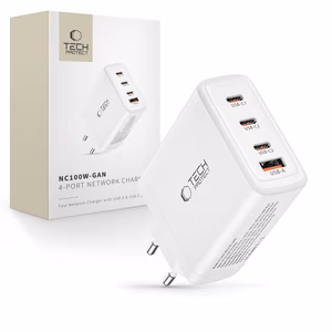 Tech-Protect NC100W-GAN laturi GaN 3x USB-C PD 100W / USB-A QC 3.0 - valkoinen