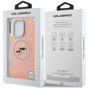 Karl Lagerfeld IML Glitter Karl & Choupette Heads Logo MagSafe suojakuori iPhone 16 Pro - vaaleanpunainen