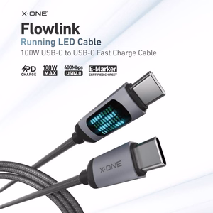 X-ONE FlowLink -datakaapeli juoksevalla LED-valolla – C–C-tyyppinen – 5A, enintään 100W, 1,2m, musta