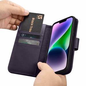 iCarer Lompakko Kotelo 2in1 Kotelo iPhone 14 Nahka Flip Cover Anti-RFID Tumman violetti (WMI14220725-DP)