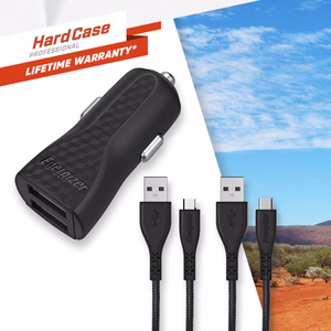 Energizer HardCase DC2BLCMM autolaturi, 2 × USB-A, 2,4 A, USB-C- ja Micro-USB-kaapelilla, musta