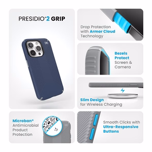 Speck Presidio2 Grip suojakuori iPhone 15 Pro -laitteelle, Coastal Blue / Dust Grey -värinen