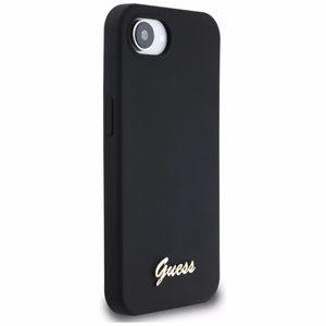 Guess HC Silikoninen Script Metal Logo Suojakuori iPhone 16e:lle - Musta
