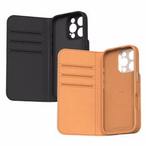 Moshi Overture MagSafe suojakuori iPhone 16 Pro -laitteelle, irrotettavalla vegaaninahkaisella lompakolla, Caramel Brown -värinen