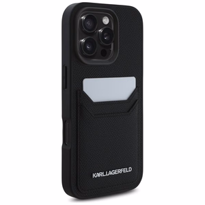 Karl Lagerfeld HC Grained PU CardSlot Metal Elong Suojakuori iPhone 16 Pro:lle - Musta