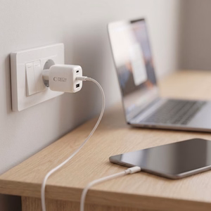 Tech-Protect NCA100W-GaN 3-liitäntäinen 100 W PD 3.2/QC 3.0 -verkkolaite – valkoinen