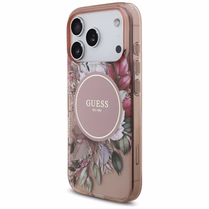 Guess IML Flowers Pearl Strap MagSafe suojakuori iPhone 17 Pro - pinkki