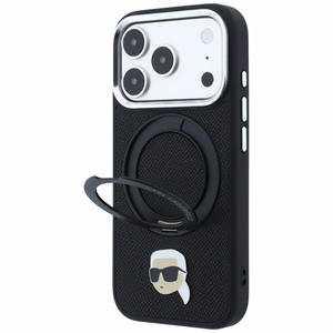 Musta Karl Lagerfeld MagSafe -kuori 360° rengasjalustalla ja Karl-pääembleemillä iPhone 18 Pro Max / 17 Pro Max -puhelimelle
