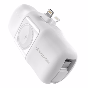 Wozinsky WF16-YLS 5000mAh 15W Lightning Mini Power Bank, jossa on sisäänrakennettu USB-C-kaapeli ja Apple Watch -laturi - Valkoinen