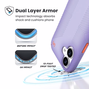 Speck Presidio Lux Grip MagSafe suojakuori iPhone 17 -laitteelle, Purple Fade / Magic Purple / New Poppy -värinen